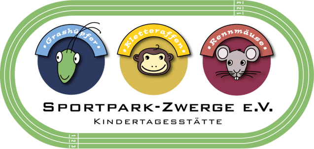 Drei bunte Tiermasken: ein Grashüpfer, ein Kletteraffe und eine Rennmaus, auf einer stilisierten Rennstrecke.